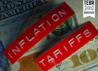 TARIFFS GUERRILLA: An Attempt to Tackle US Inflation Amid Growing World Trade Tensions Red Tariffs and Inflation labels on a hundred dollar bill