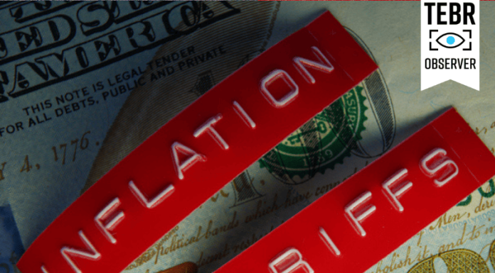 TARIFFS GUERRILLA: An Attempt to Tackle US Inflation Amid Growing World Trade Tensions Red Tariffs and Inflation labels on a hundred dollar bill