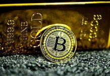 What Makes Crypto Casinos Enticing Bitcoin propped up against gold bullion on black stones.