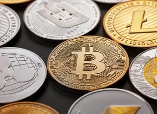 Set of a coin of crypto currency on a dark background