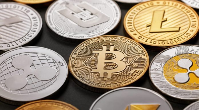 Set of a coin of crypto currency on a dark background