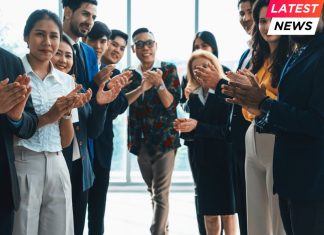 Diverse business people clapping and applause at new manager