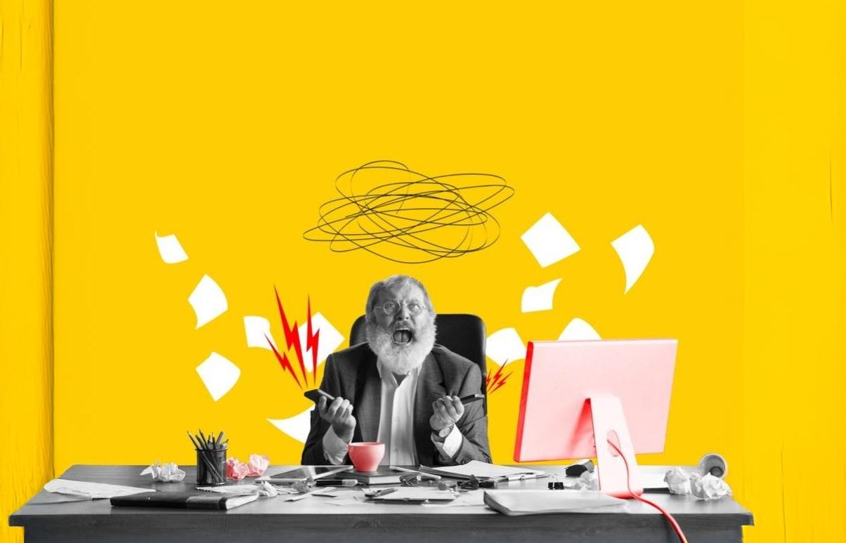 dramatic, overwhelmed male worker