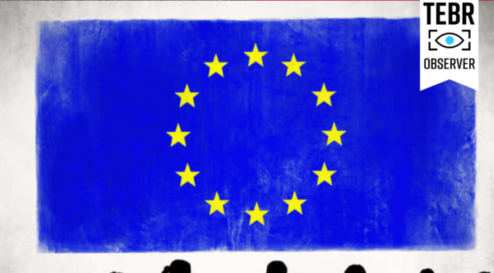 Business People Discussing with Flag of European Union Behind. International conflict concept