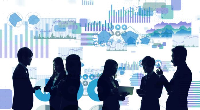 Silhouette of business people with data and analytics for operational research