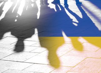 Flag of Ukraine and Shadows of Ukrainians