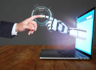 A robot hand and a human hand touch each other via the HUD display. SMB concept