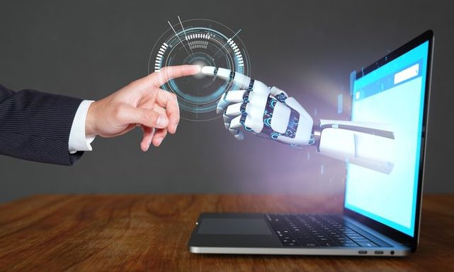 A robot hand and a human hand touch each other via the HUD display. SMB concept