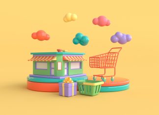 The shop building and shopping cart on podium. Present box, shopping basket and clouds. marketplace concept