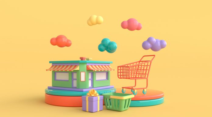 The shop building and shopping cart on podium. Present box, shopping basket and clouds. marketplace concept