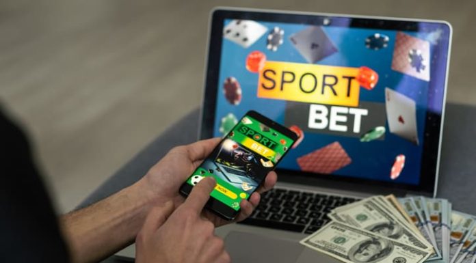 Lucky man celebrating money win. bookmaker's website.