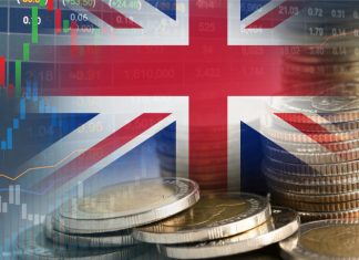 Stock market investment trading financial, coin and United Kingdom flag