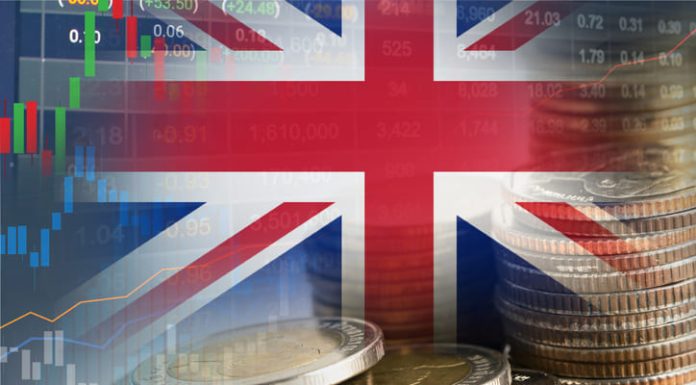 Stock market investment trading financial, coin and United Kingdom flag