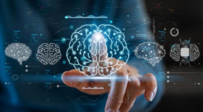 uman touching on screen AI brain, machine learning technology development