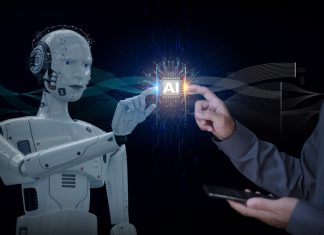 Can Business Leaders Ensure AI Cares About Human Welfare? Robot and human hand pointing towards each other Ideas for creating AI, intelligent systems, and innovative technologies of the future