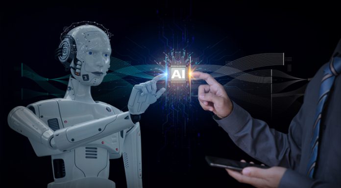Robot and human hand pointing towards each other Ideas for creating AI, intelligent systems, and innovative technologies of the future