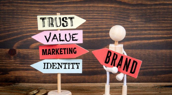 Miniature holding road sign arrows with brands written on wood texture background