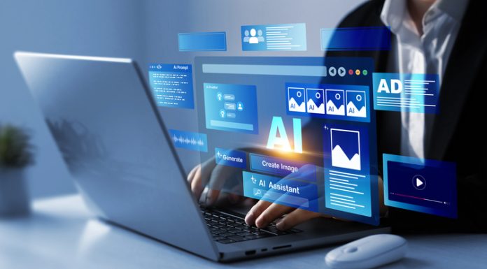 Person using laptop with Ai Content Generator. Interaction with the Ai assistant to solve some tasks more easily.