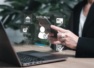 How Digital Identity Verification is Helping Businesses Prevent Fraud Authentication facial recognition biometric Security, Businesswomen use smartphone verify identity in system, OPT code, Fingerprint, Multi-tiered privacy protection