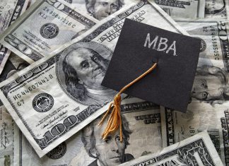 Minil MBA graduation cap on assorted cash -Masters of Business Administration programs