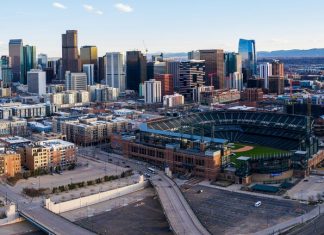 Aerial panorama of ballpark during rush hour during Covid-19 stay at home policy in Denver