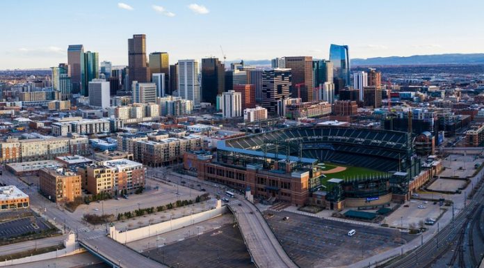 Aerial panorama of ballpark during rush hour during Covid-19 stay at home policy in Denver
