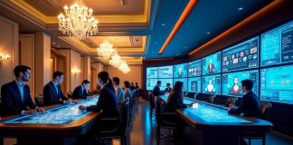 People sitting around casino tables and playing