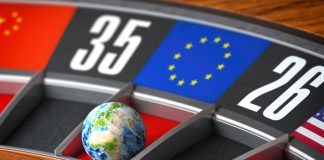 Earth as a ball of casino roulette with european union EU flag in winning number.