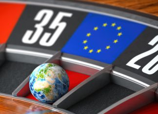 Earth as a ball of casino roulette with european union EU flag in winning number.