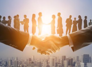 business network, shaking hands with client