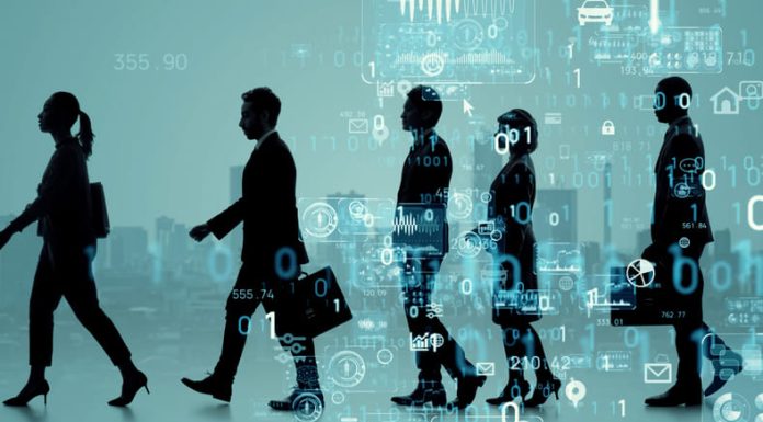 Walking business person. Digital transformation. Concept of free politics