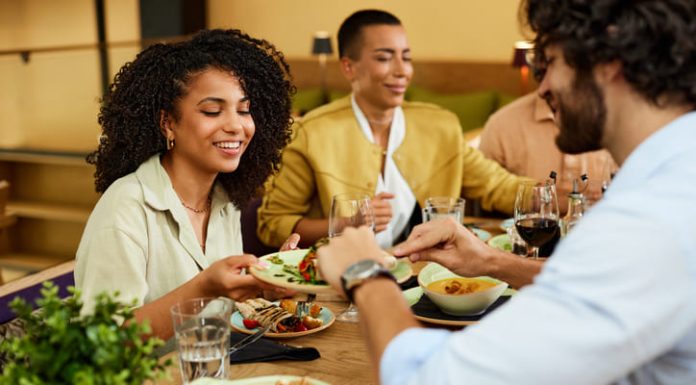 Group of friends enjoying food at the restaurant