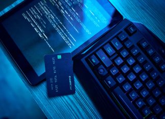 Can AI Help Banks See High-Risk Industries Differently? Information technology, hacking and credit card for cyber security crime in bank, phishing and software on digital tablet. Html script, screen and fintech of data fraud, password and coding on dark neon desk