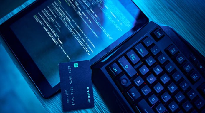 Can AI Help Banks See High-Risk Industries Differently? Information technology, hacking and credit card for cyber security crime in bank, phishing and software on digital tablet. Html script, screen and fintech of data fraud, password and coding on dark neon desk