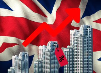 Trump Tariffs and Their Impact on UK Mortgage Rates The United Kingdom real estate market is crashing and going down, red background with flag and glowing houses