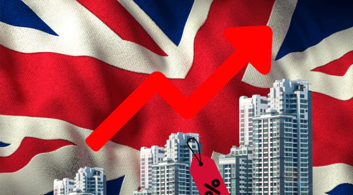Trump Tariffs and Their Impact on UK Mortgage Rates The United Kingdom real estate market is crashing and going down, red background with flag and glowing houses