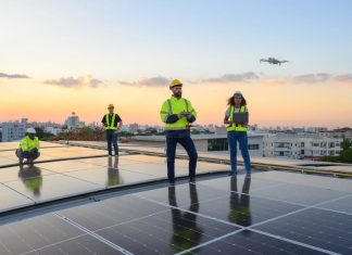 Advancing Solar Energy: How AI and Drone Technology Are Revolutionizing Solar Plant Monitoring A team of engineers flies a drone to plan the installation of an outdoor solar panel system. Installing solar cells on the roof Solar panels on the roof Workers install eco-technology solar power plan.