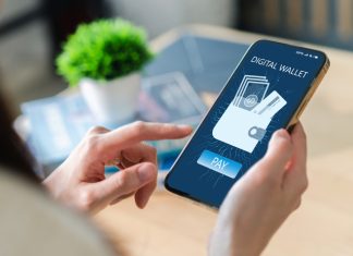 Human use smartphone with digital wallet, online banking digital technology, mobile banking, shopping, payment, finance, bank, withdraw money, E-wallet, credit card, financial and business online