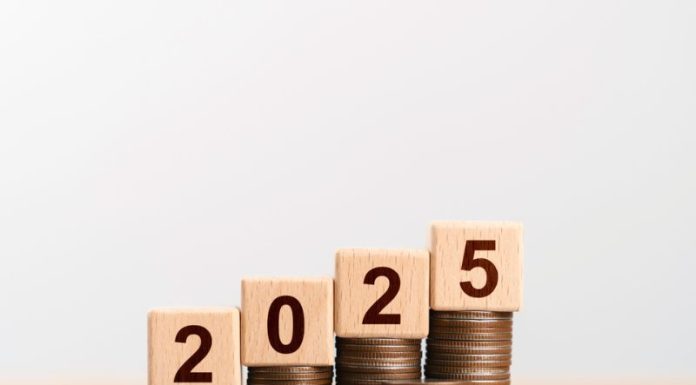 2025 new year goal plan action with 2025 in wooden cube with pile of growing coins