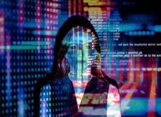 How AI Is Fundamentally Improving Customer Service Code Projected Over Woman. Ai as customer service representative concept