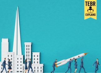 New successful start up idea, business people in suits are people walking with rocket
