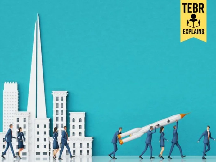 New successful start up idea, business people in suits are people walking with rocket