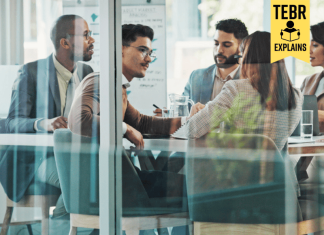 Glass, finance or business people meeting with project for feedback, companies discussion or teamwork