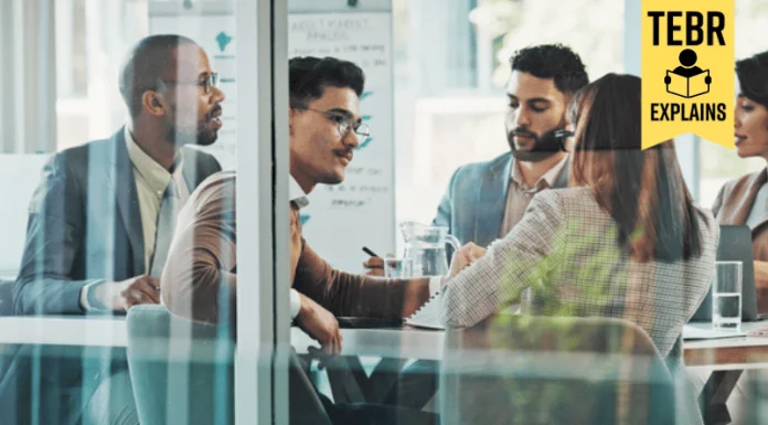 Glass, finance or business people meeting with project for feedback, companies discussion or teamwork