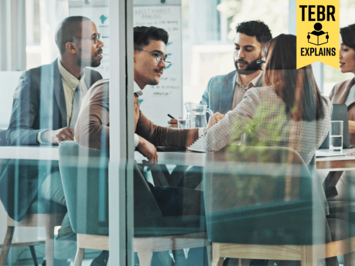 Glass, finance or business people meeting with project for feedback, companies discussion or teamwork