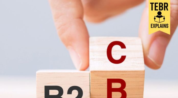 Hand change wooden cube block from B2C to B2B. E Commerce, marketing and strategy