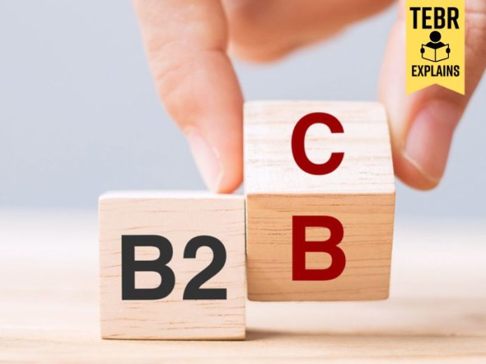 Hand change wooden cube block from B2C to B2B. E Commerce, marketing and strategy