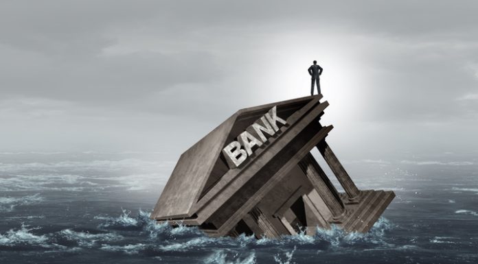 Bank Crisis or as Banks drowning in debt with financial instability or insolvency concept as an urgent business and global market problem