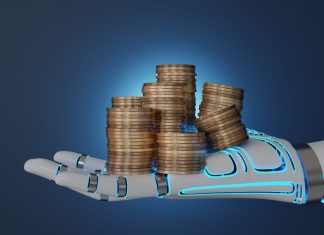 Coins on robot hand for financial, portfolio management and industrial revolution by artificial intelligence (AI)