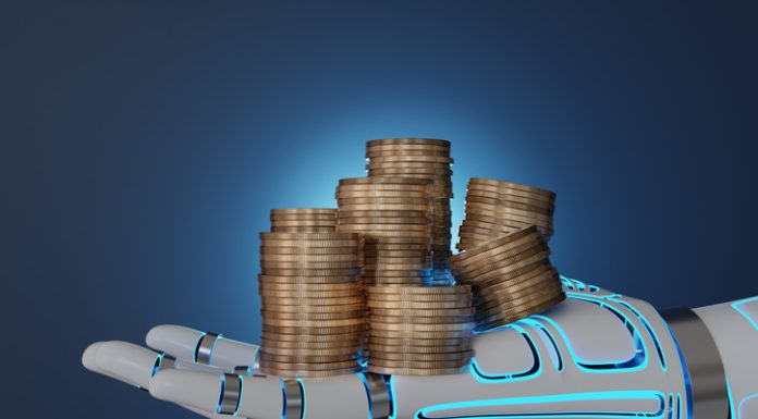 Coins on robot hand for financial, portfolio management and industrial revolution by artificial intelligence (AI)
